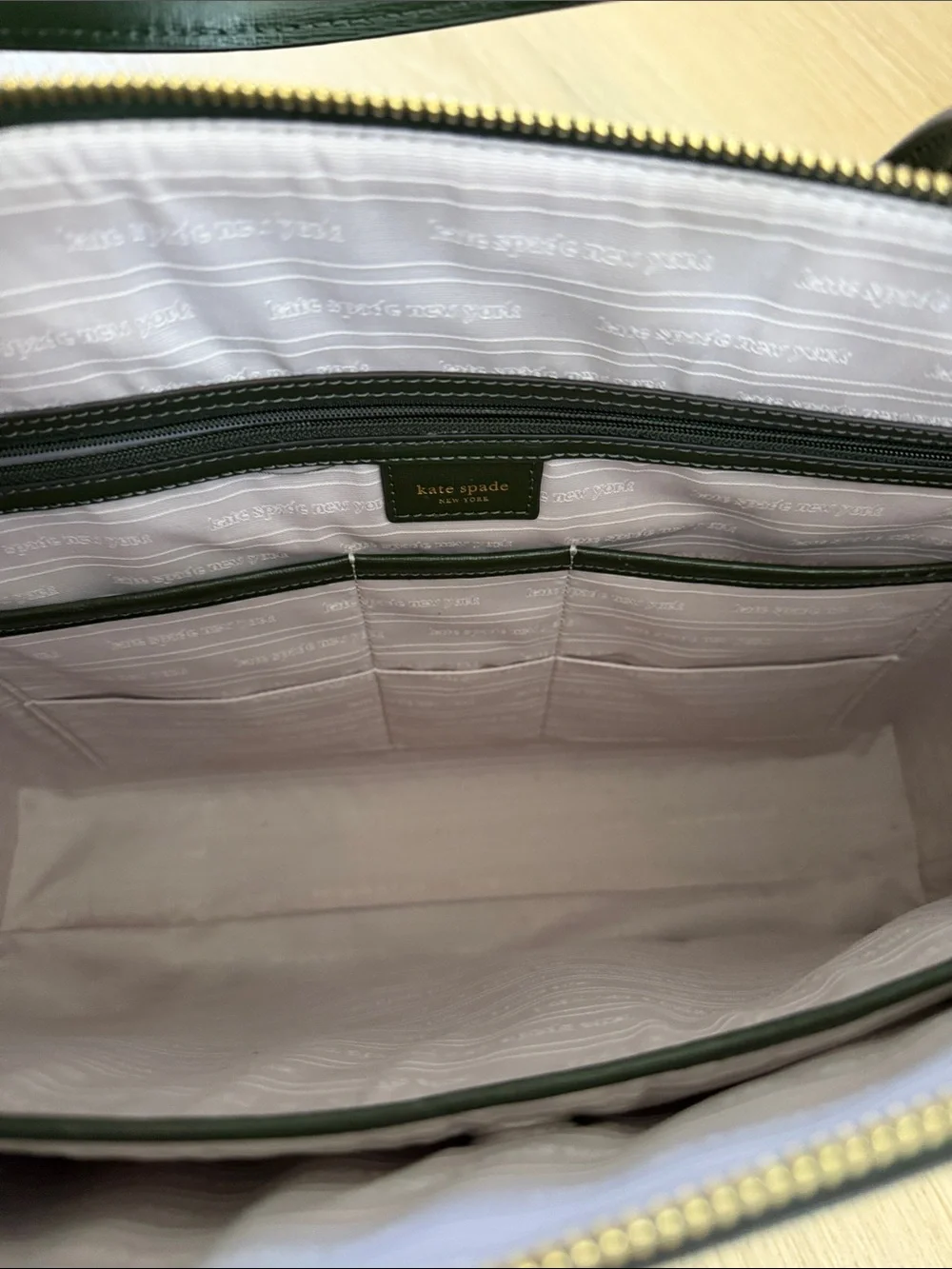 kate spade olive green Saffiano leather tote with gold logo